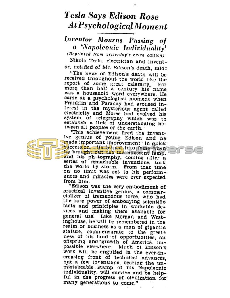 Preview of Tesla Says Edison Rose At Psychological Moment article