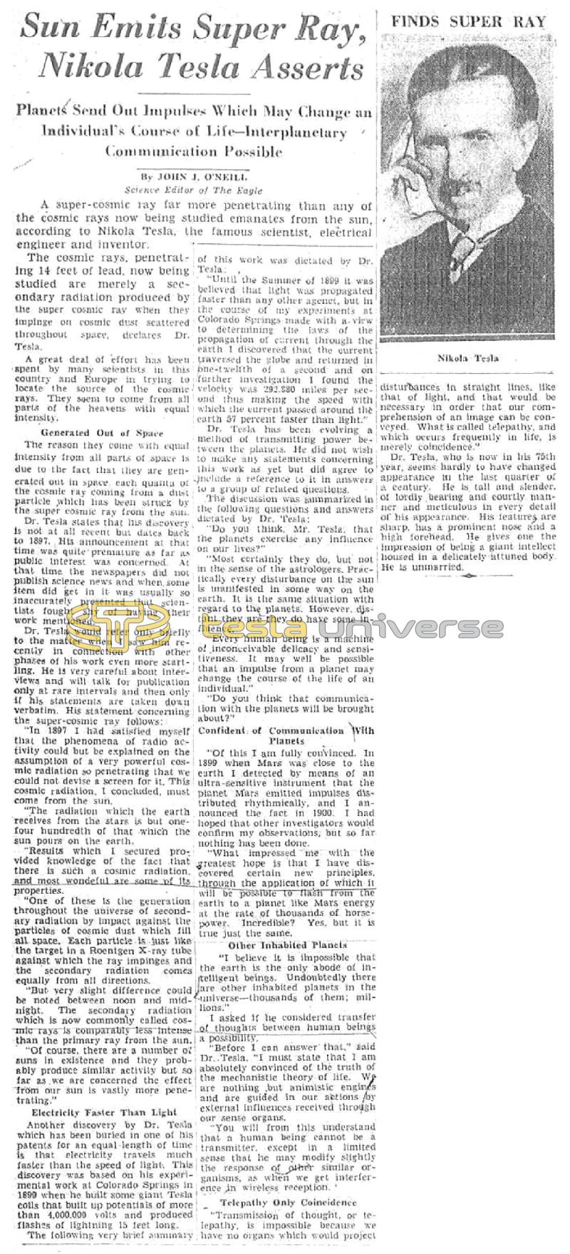 Preview of Sun Emits Super Ray, Nikola Tesla Asserts article