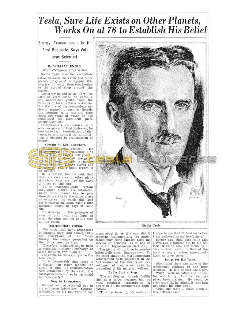 Preview of Tesla, Sure Life Exists on Other Planets, Works On at 76 to Establish His Belief  article