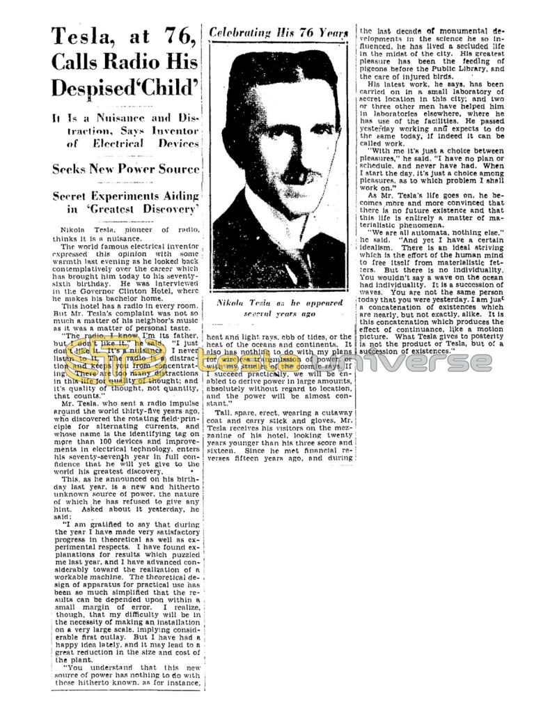 Preview of Tesla, at 76, Calls Radio His Despised 'Child' article