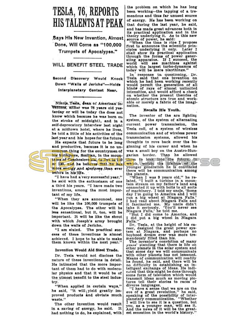 Preview of Tesla, 76, Reports His Talents at Peak article