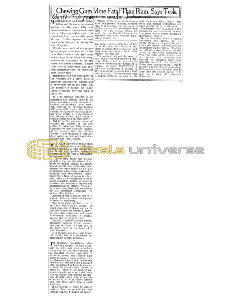 Preview of Chewing Gum More Fatal Than Rum, Says Tesla article