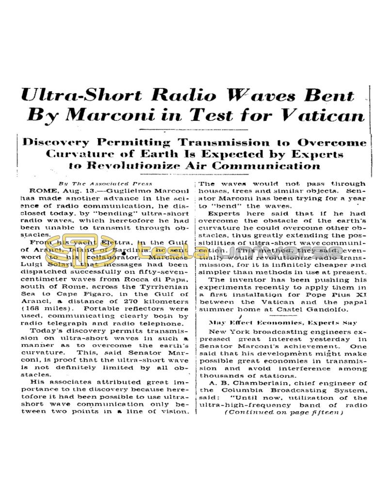 Preview of Ultra-Short Radio Waves Bent By Marconi in Test for Vatican article
