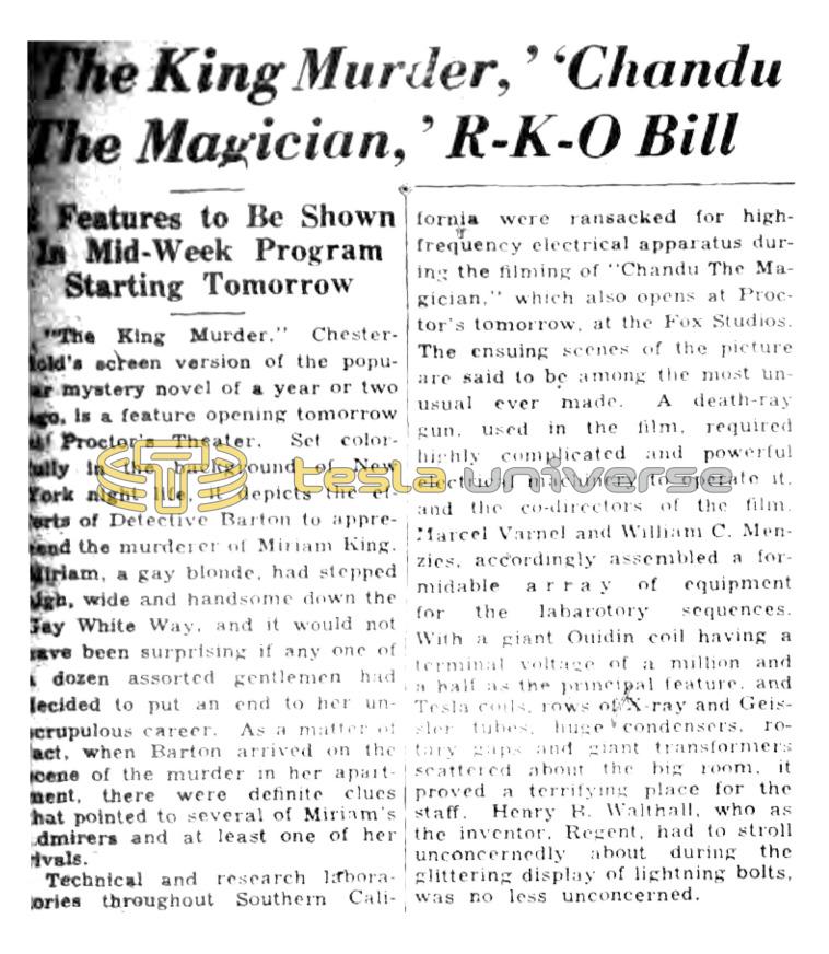 Preview of 'The King Murder,' 'Chandu The Magician,' R-K-O Bill article