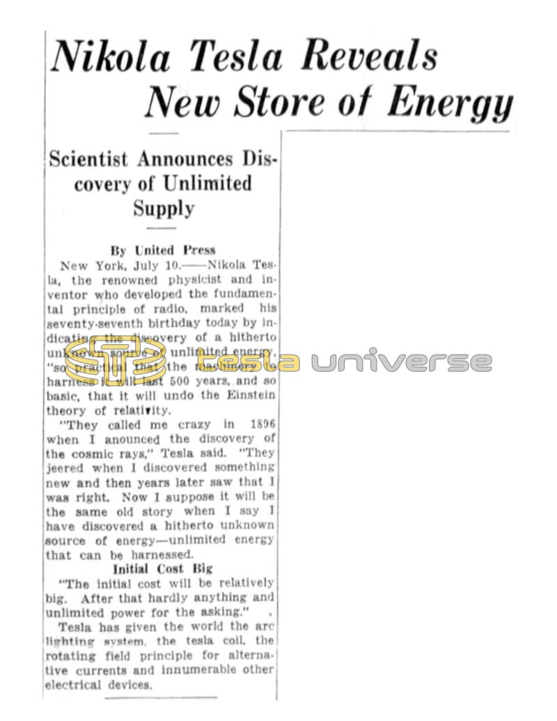 Preview of Nikola Tesla Reveals New Store of Energy article