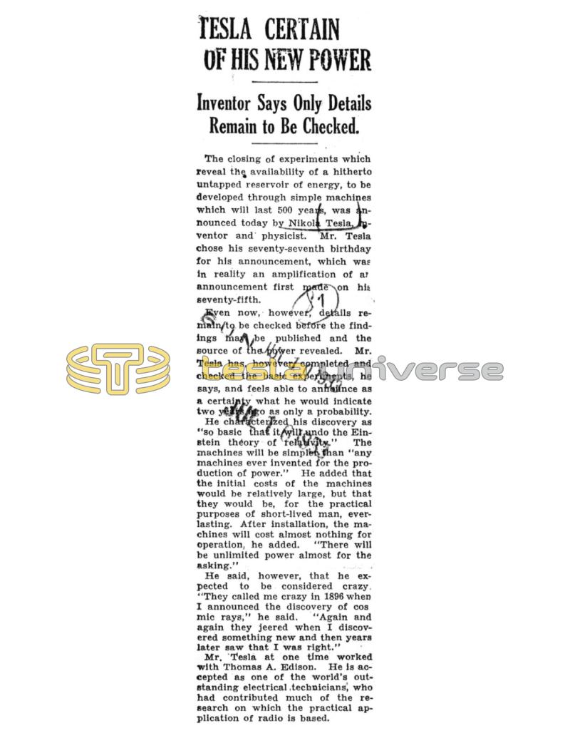 Preview of Tesla Certain of His New Power article