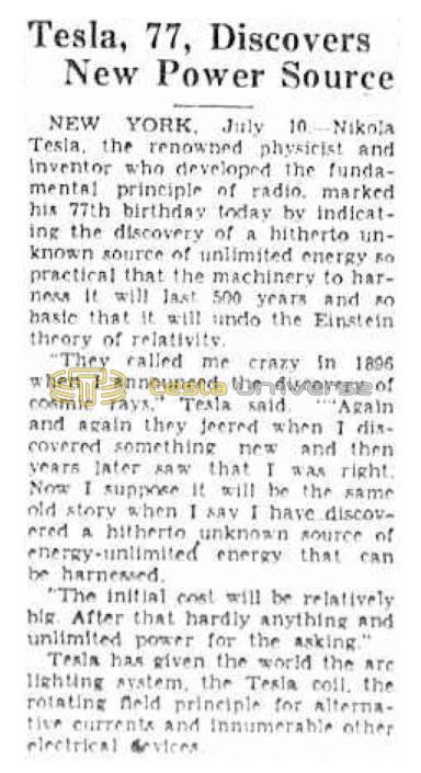 Preview of Tesla, 77, Discovers New Power Source article