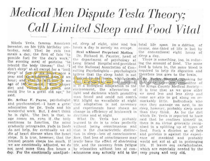 Preview of Medical Men Dispute Tesla Theory; Call Limited Sleep and Food Vital article