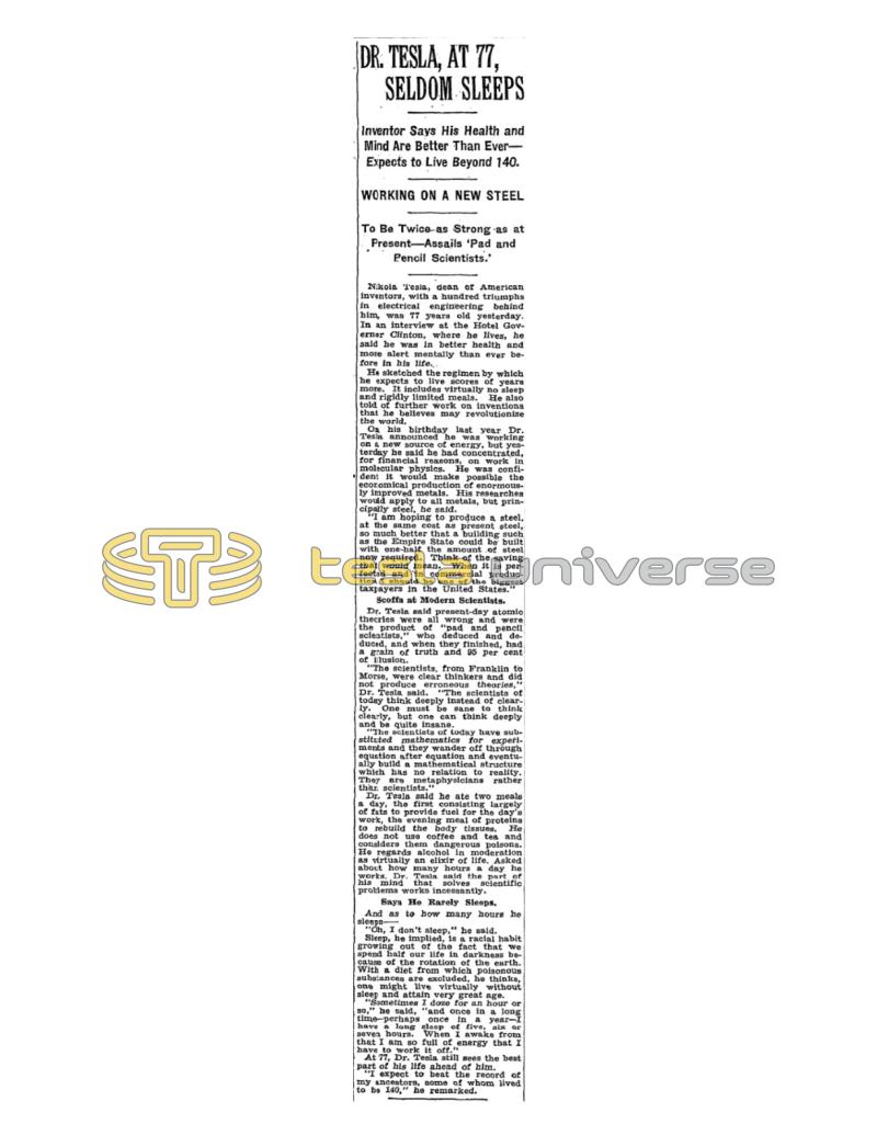Preview of Dr. Tesla, at 77, Seldom Sleeps article