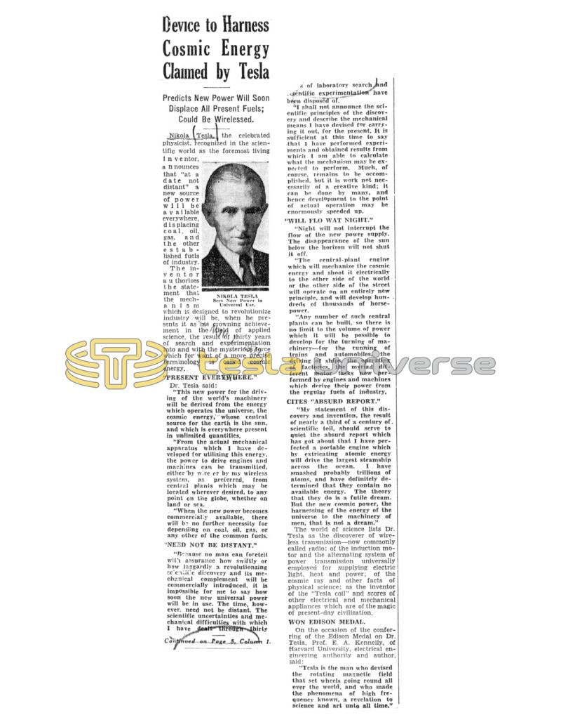 Preview of Device to Harness Cosmic Energy Claimed by Tesla article