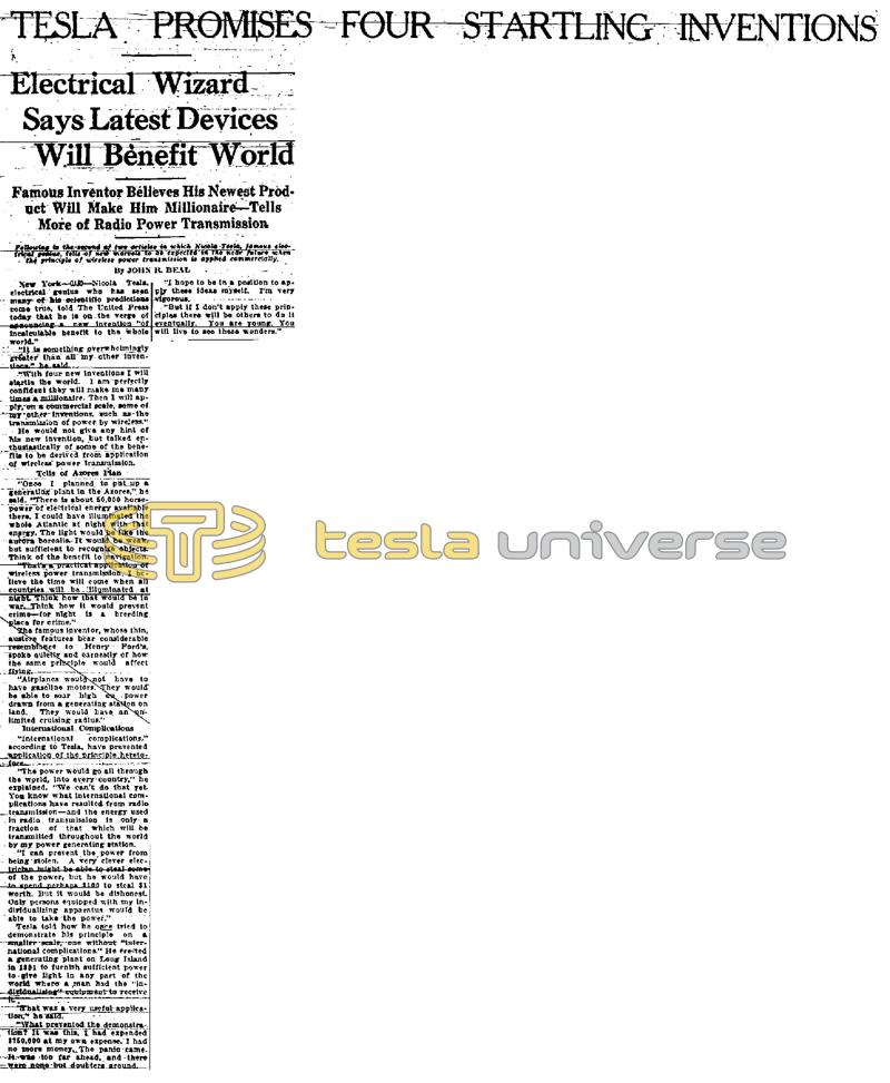 Preview of Tesla Promises Four Startling Inventions article