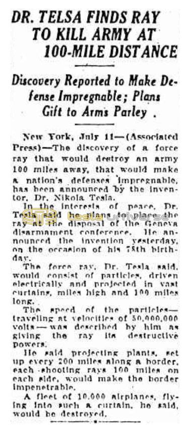 Preview of Dr. Tesla Finds Ray to Kill Army at 100-Mile Distance article