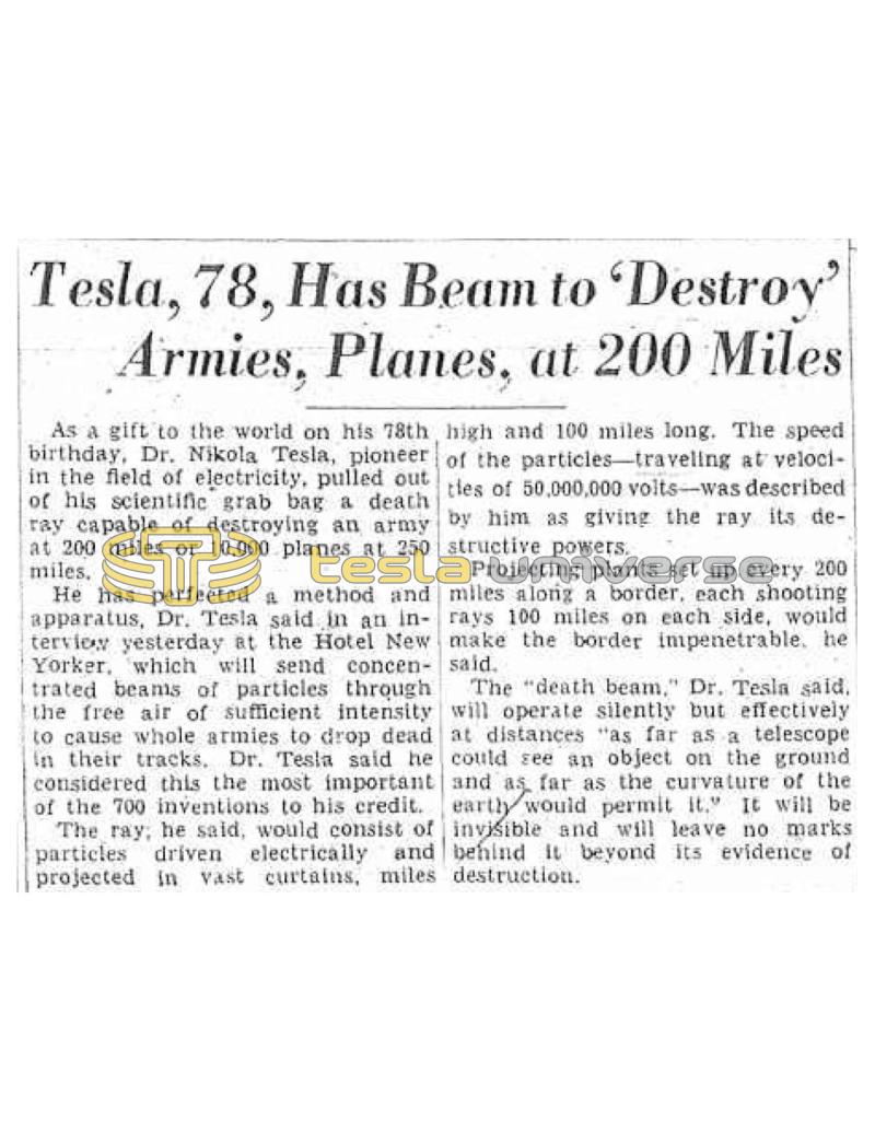Preview of Tesla, 78, Has Beam to Destroy Armies, Planes, at 200 Miles article