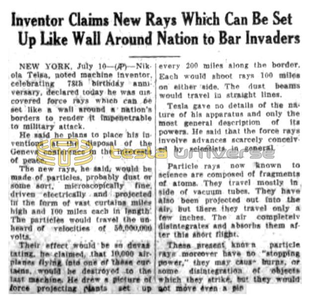 Preview of Inventor Claims New Rays Which Can Be Set Up Like Wall Around Nation to Bar Invaders article