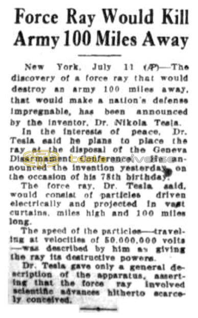 Preview of Force Ray Would Kill Army 100 Miles Away article