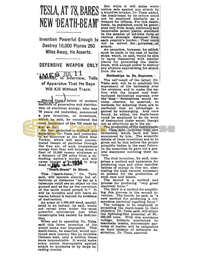 Preview of Tesla, at 78, Bares New 'Death-Beam' article