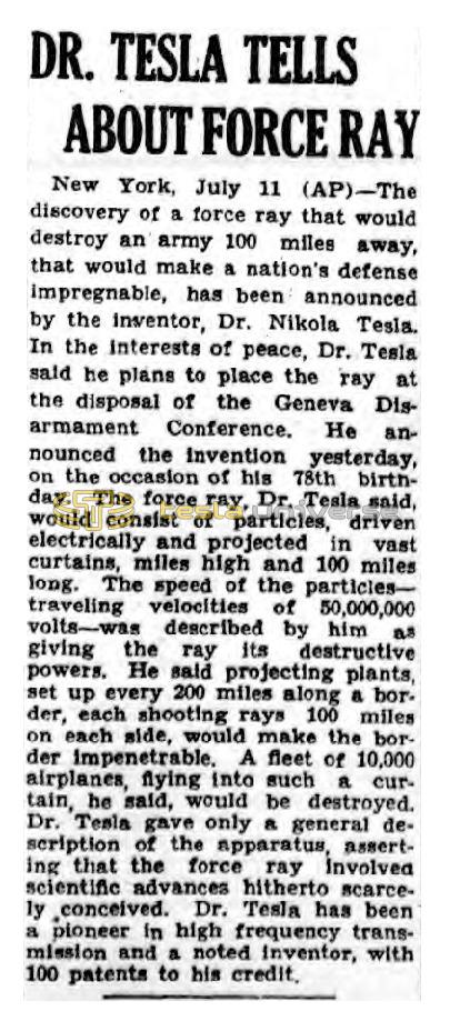 Preview of Dr. Tesla Tells About Force Ray article