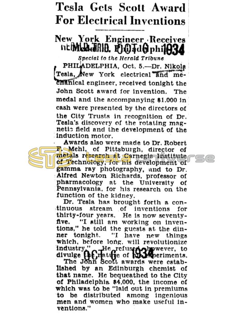 Preview of Tesla Gets Scott Award For Electrical Inventions article