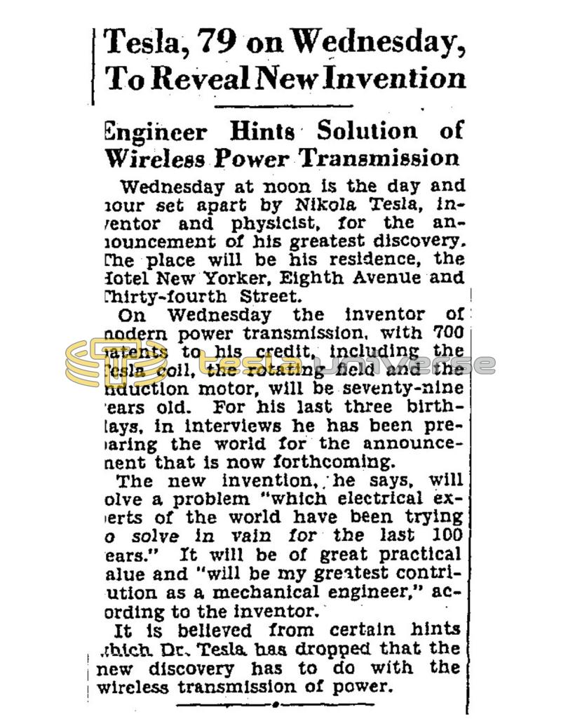 Preview of Tesla, 79 on Wednesday, To Reveal New Invention article