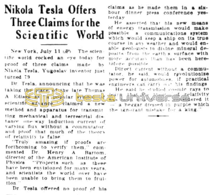 Preview of Nikola Tesla Offers Three Claims for the Scientific World article