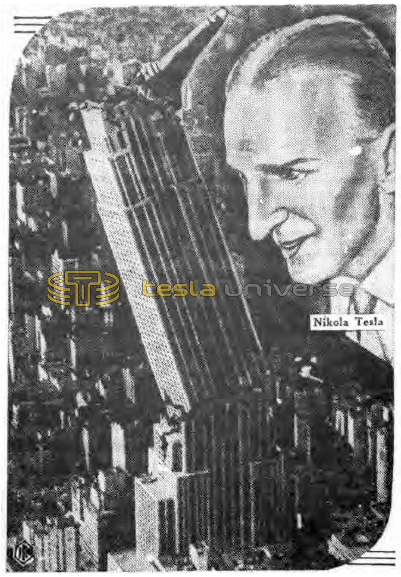 Illustration of Tesla and his earthquake machine taking down the Empire State building