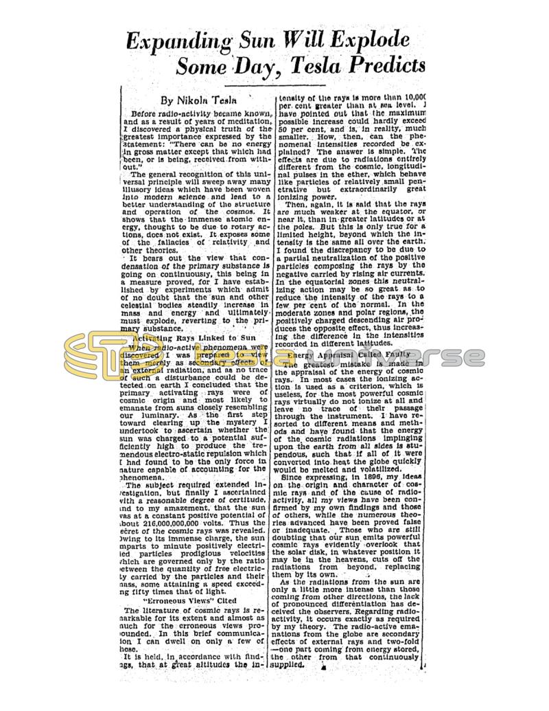 Preview of Expanding Sun Will Explode Some Day, Nikola Tesla Predicts article