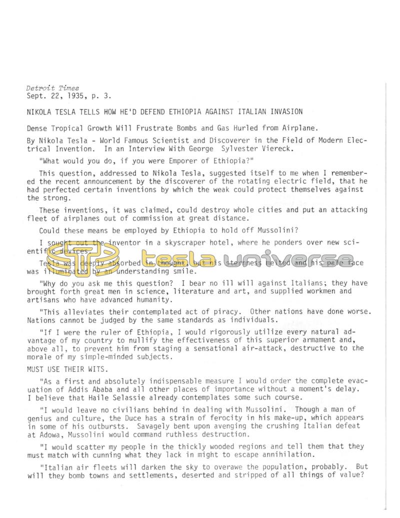 Preview of Nikola Tesla Tells How He'd Defend Ethiopia Against Italian Invasion article