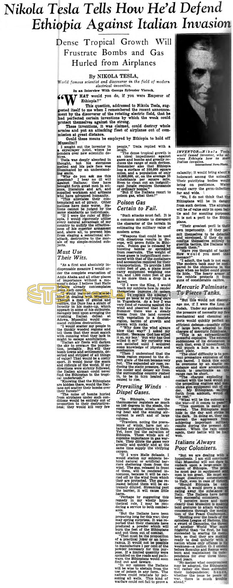 Preview of Nikola Tesla Tells How He'd Defend Ethiopia Against Italian Invasion article