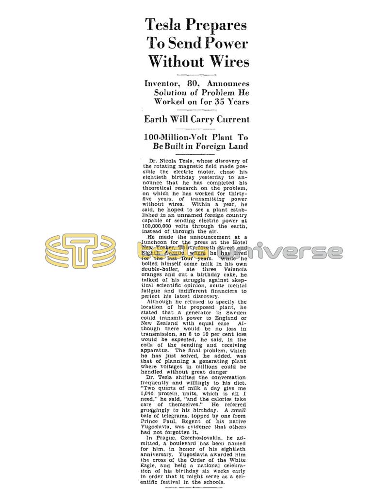 Preview of Nikola Tesla Prepares To Send Power Without Wires article