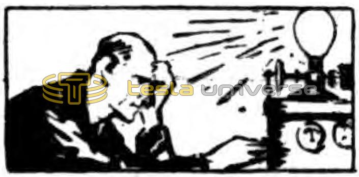 Illustration of an elderly Nikola Tesla, still inventing
