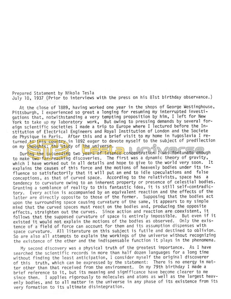 Preview of Prepared Statement by Nikola Tesla article