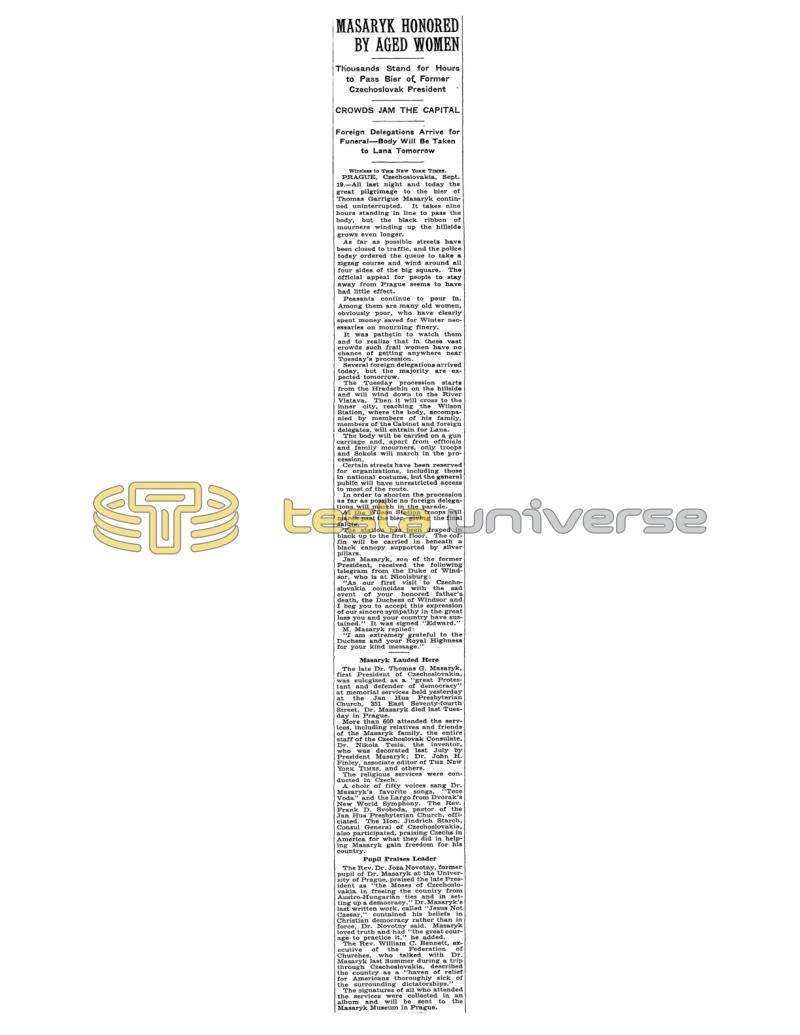 Preview of Masaryk Honored by Aged Women article