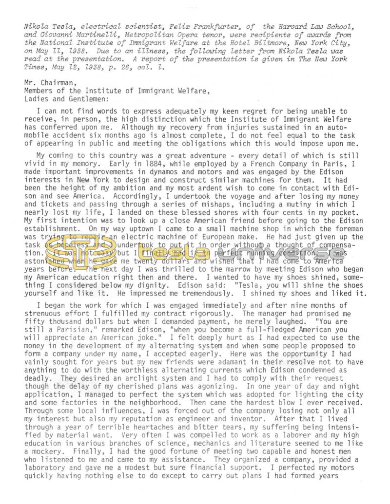Preview of Tesla Speech for the Institute of Immigrant Welfare article