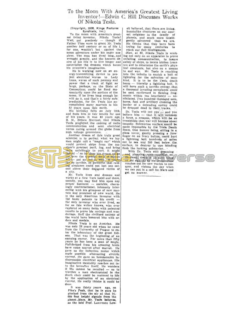 Preview of To the Moon with America's Greatest Living Inventor - Edwin C. Hill Discusses Works of Nikola Tesla article