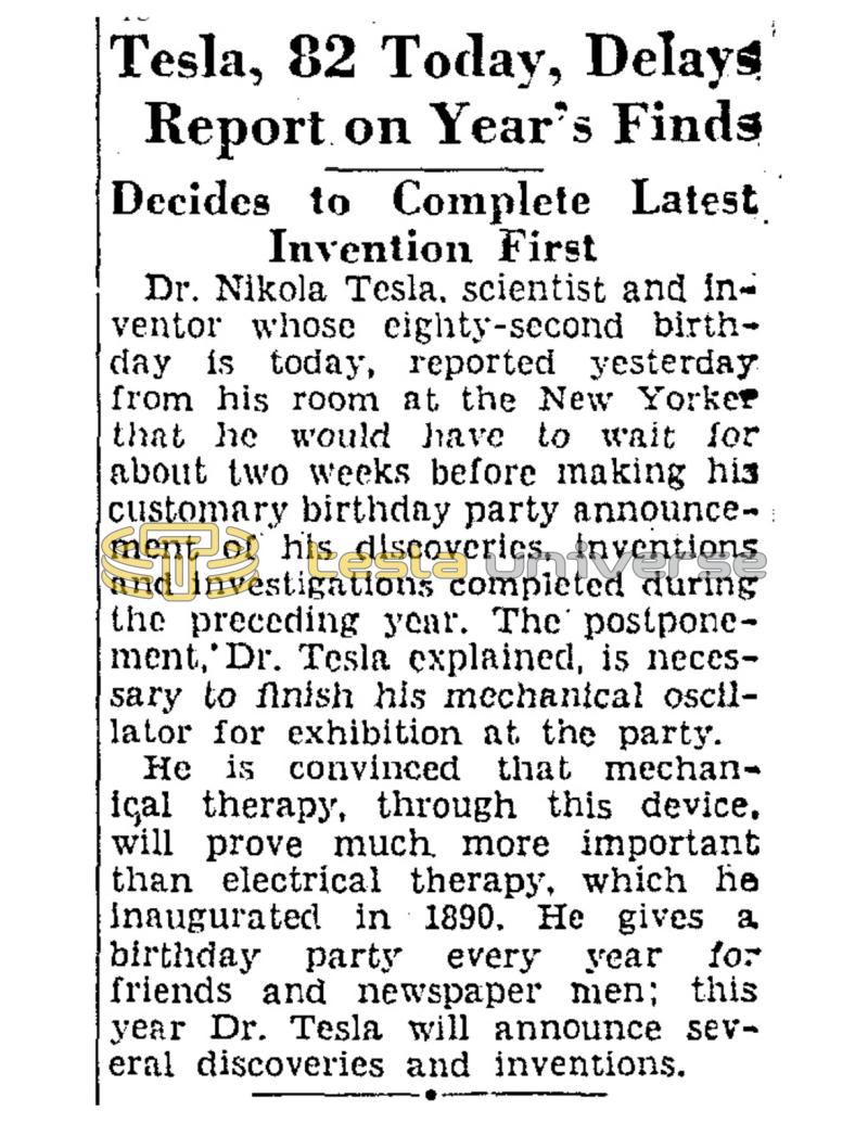 Preview of Nikola Tesla, 82 Today, Delays Report on Year's Finds article