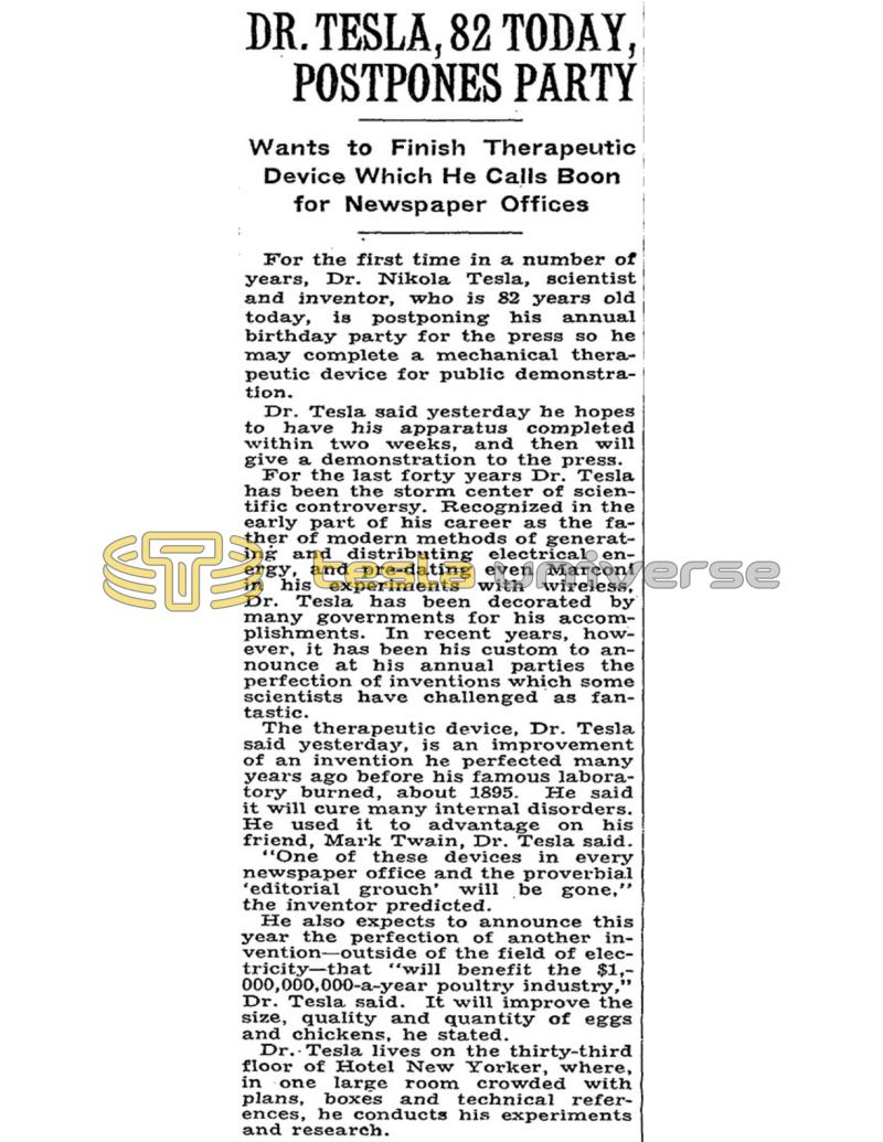 Preview of Dr. Tesla, 82 Today, Postpones Party article