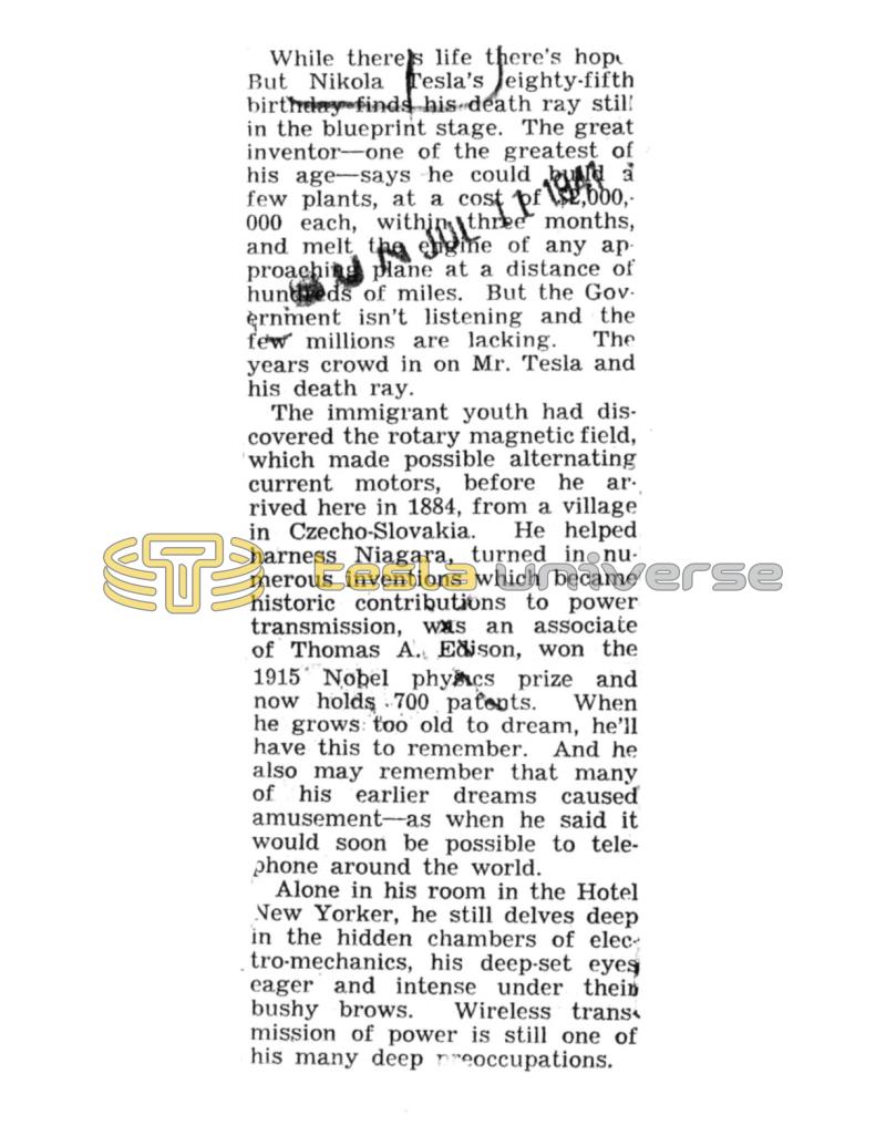 Preview of Nikola Tesla's Eighty-Fifth Birthday article
