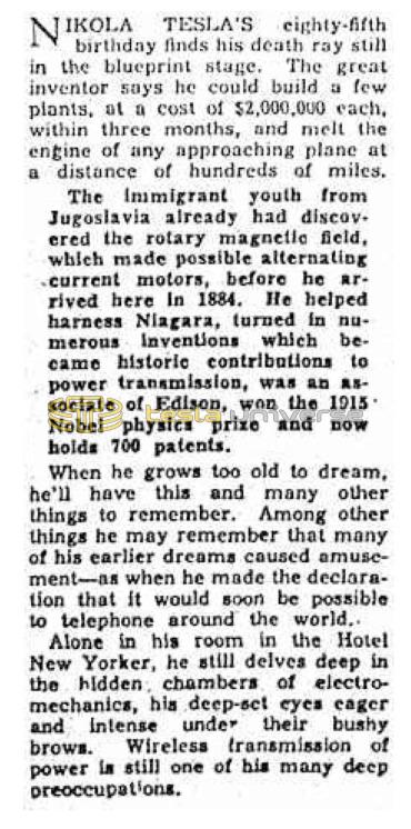 Preview of Nikola Tesla's Eighty-Fifth Birthday (reprint 3) article