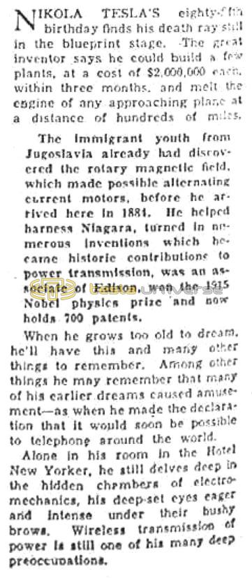 Preview of Nikola Tesla's Eighty-Fifth Birthday (reprint 2) article