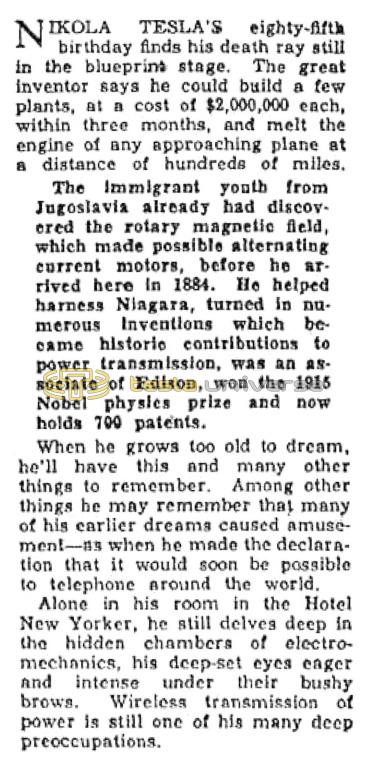 Preview of Nikola Tesla's Eighty-Fifth Birthday (reprint) article