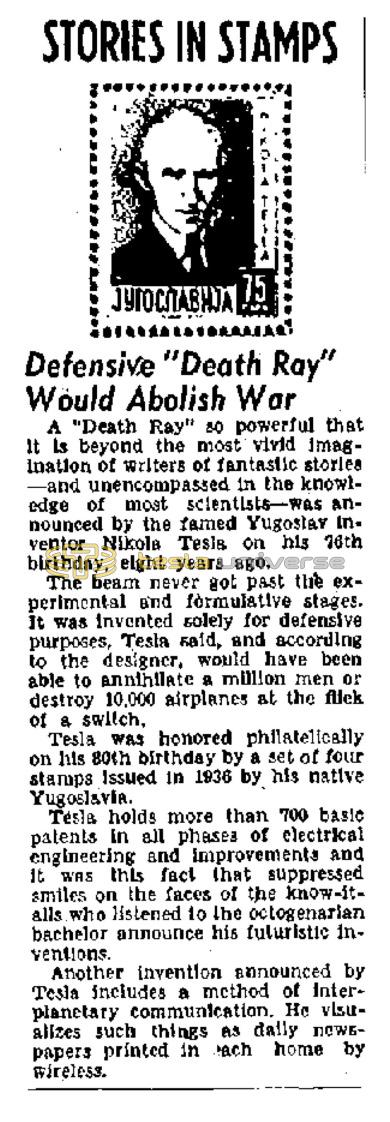 Preview of Stories in Stamps - Defensive "Death Ray" Would Abolish War article