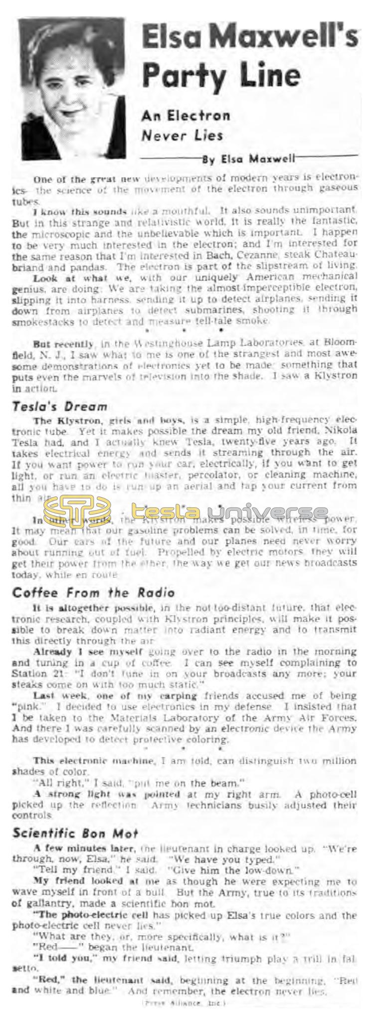 Preview of Elsa Maxwell's Party Line - An Electron Never Lies article