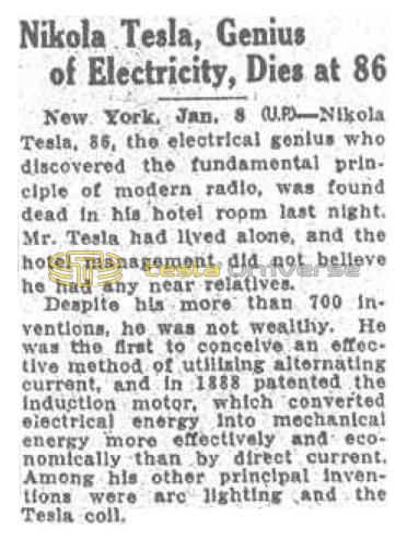 Preview of Nikola Tesla, Genius of Electricity, Dies at 86 article