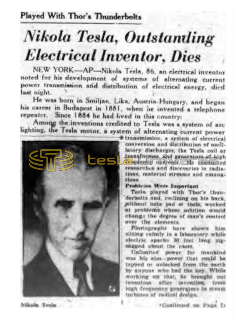 Preview of Nikola Tesla, Outstanding Electrical Inventor, Dies article