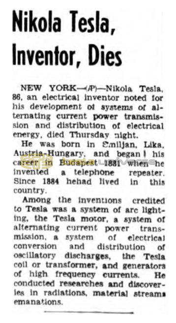 Preview of Nikola Tesla, Inventor, Dies (Lockport Union) article