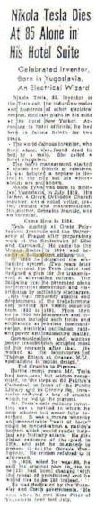 Preview of Nikola Tesla Dies at 85 Alone in His Hotel Suite article
