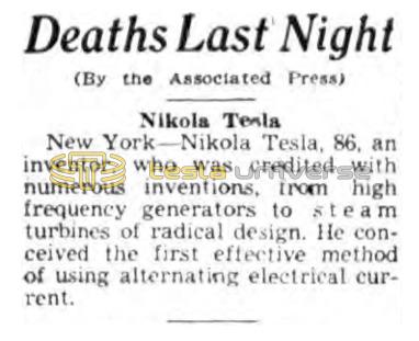 Preview of Deaths Last Night - Nikola Tesla article