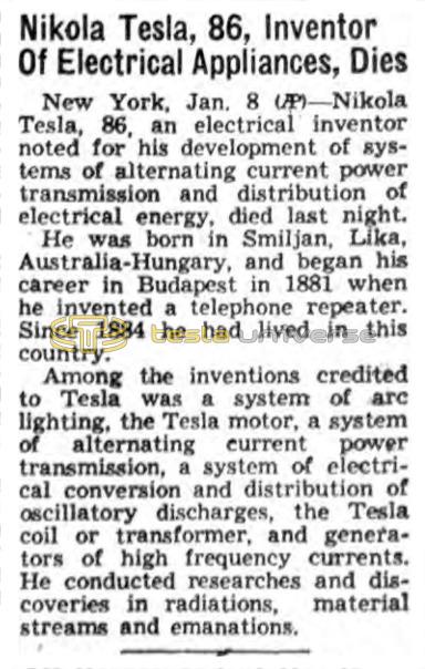 Preview of Nikola Tesla, 86, Inventor of Electrical Appliances, Dies article