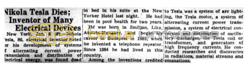 Preview of Nikola Tesla Dies; Inventor of Many Electrical Devices article