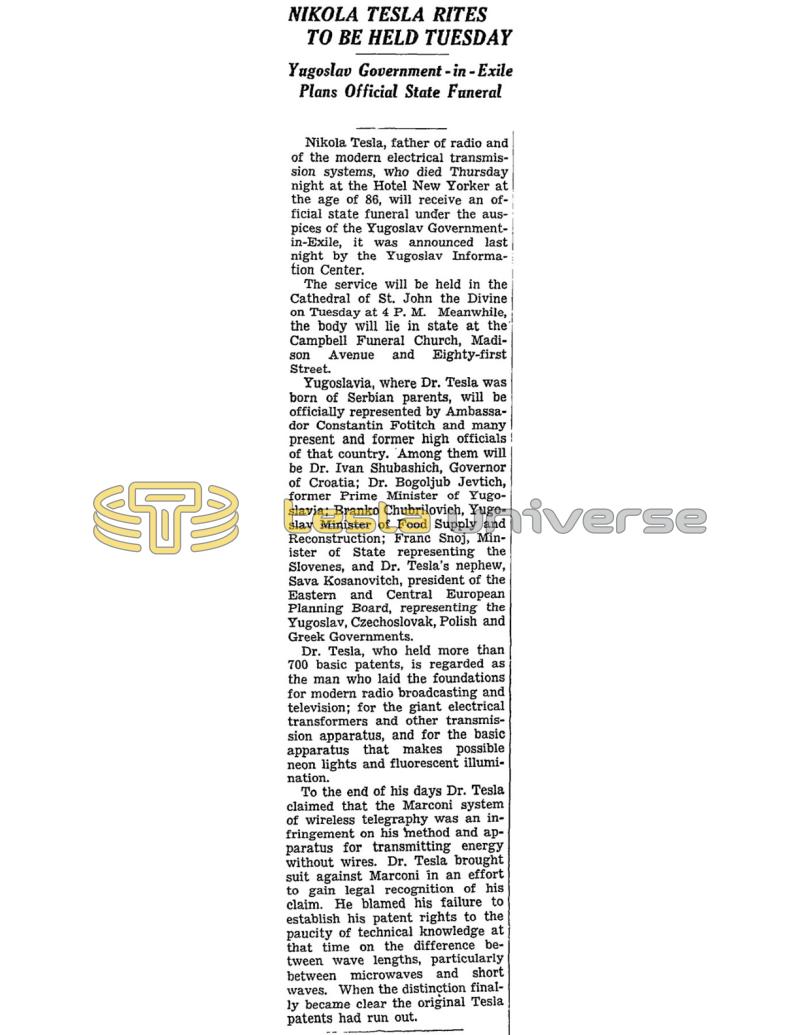 Preview of Nikola Tesla Rites To Be Held Tuesday article